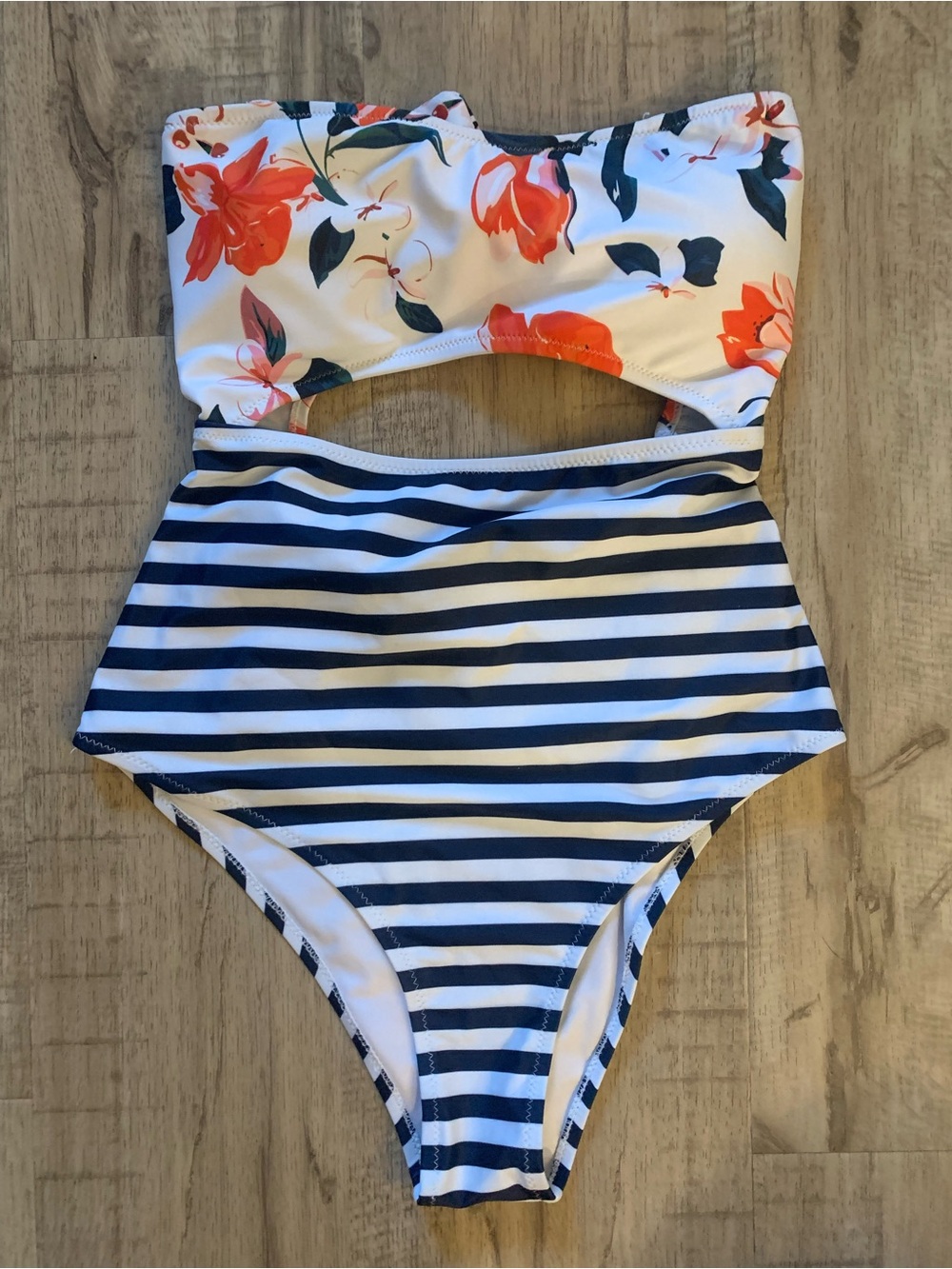 Cupshe Stripes and Floral Double-bow Back Strapless One Piece Swimsuit
